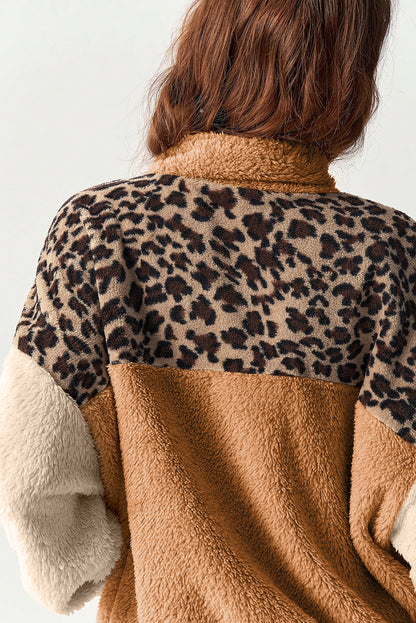 Camel Sherpa Color Block Leopard Patchwork Quarter Zip Plush Pullover Sweatshirt