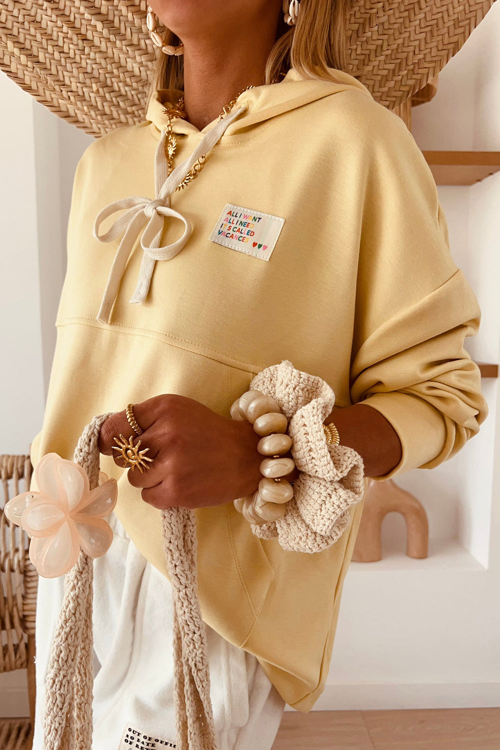 Yellow I WANT VACANCES Colorful Letter Patch Loose Hoodie