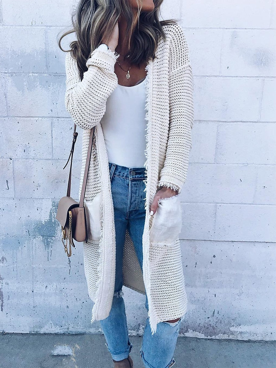 Women's Cardigan Sweater Open Front Ribbed Knit Polyester Pocket Summer Fall Long Outdoor Daily Going out Stylish Casual Soft Long Sleeve Solid Color White S M L