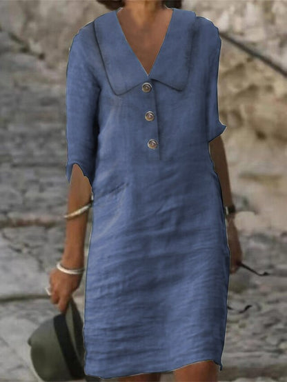 Women's Dress - Cotton Linen Dress Casual Dress Shift Dress Midi Dress Cotton Blend Fashion Modern Outdoor Daily Vacation Shirt Collar Button Half Sleeve Summer Spring 2023 Regular Fit White Blue Green Plain