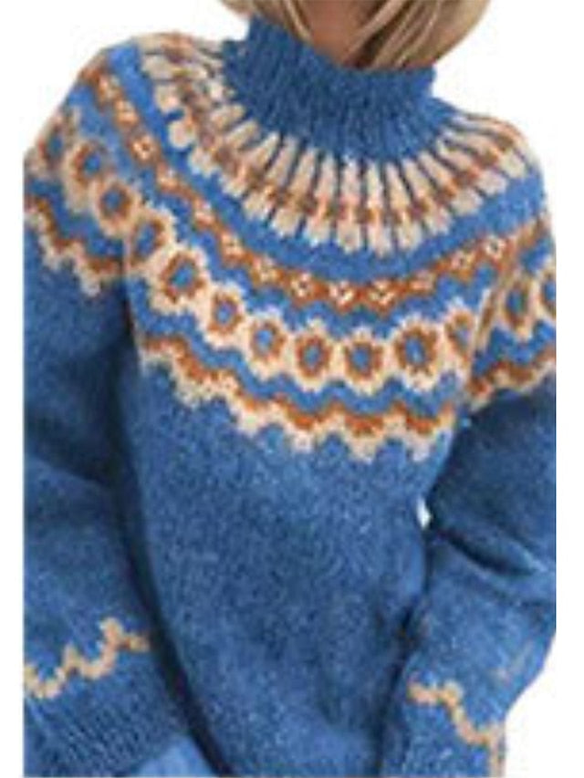 Women's Pullover Sweater Classic Style Multi Color Geometic Ethnic Casual Long Sleeve Sweater Cardigans High Neck Fall Winter Blue gray Grey Green / Holiday