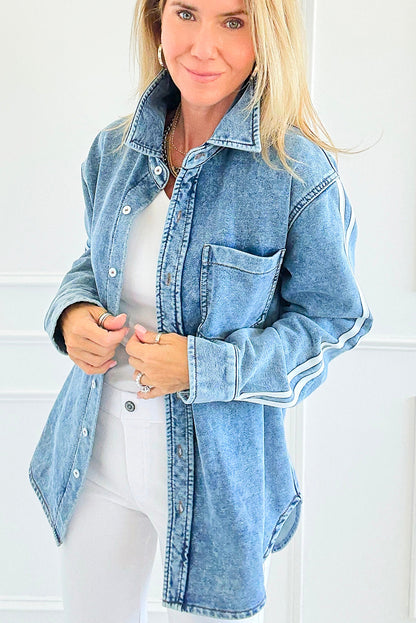 Myosotis Varsity Striped Sleeves Shirt Collar Button Down Denim Jacket