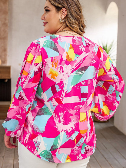 Vibrant Pink Graffiti Print Plus Size Blouse with Puff Sleeves