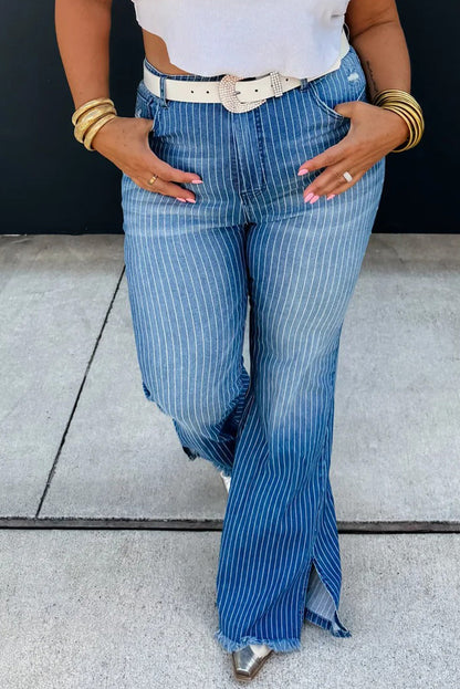 Sky Blue Stripe Raw Hem Split Leg Flared Jeans