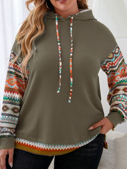 Jungle Green Aztec Patchwork Sleeve Waffle Drawstring Plus Hoodie