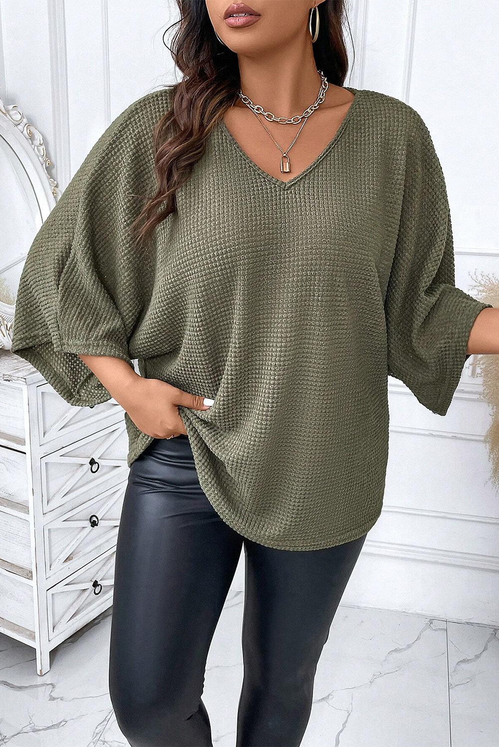 Jungle Green Oversized V-Neck Waffle Knit Dolman Top