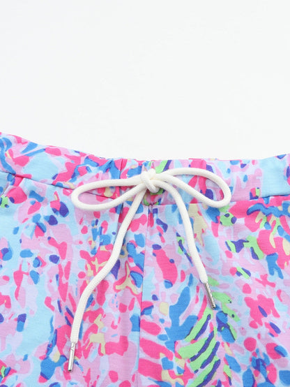 Floral Sky Blue Lounge Set with Coordinating Drawstring Shorts