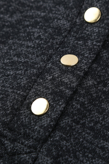 Heathered Black Button Snap Neck Pullover Hoodie with Pocket