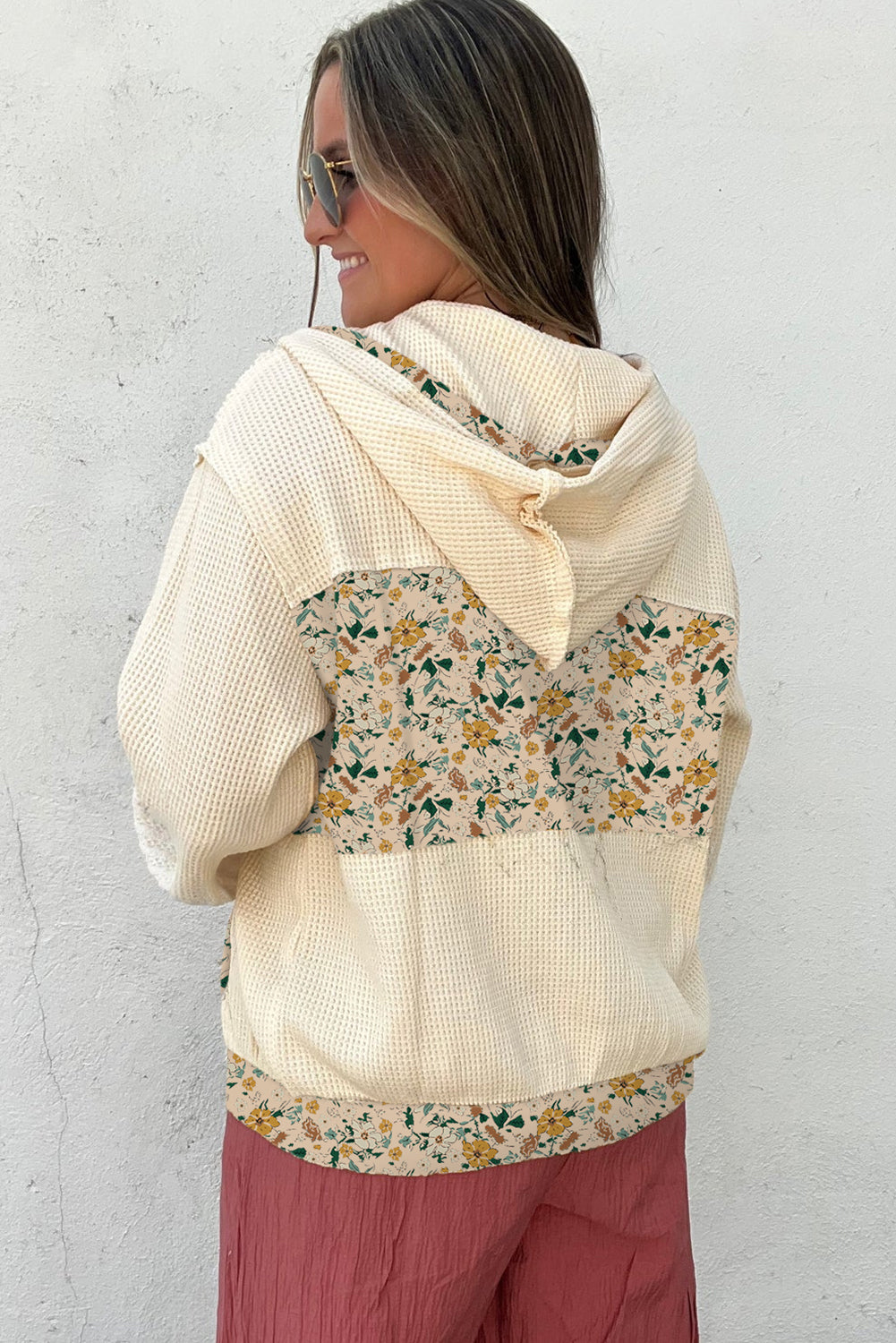 Beige Floral Print Waffle Knit Color Block Patchwork Zip Up Hooded Jacket