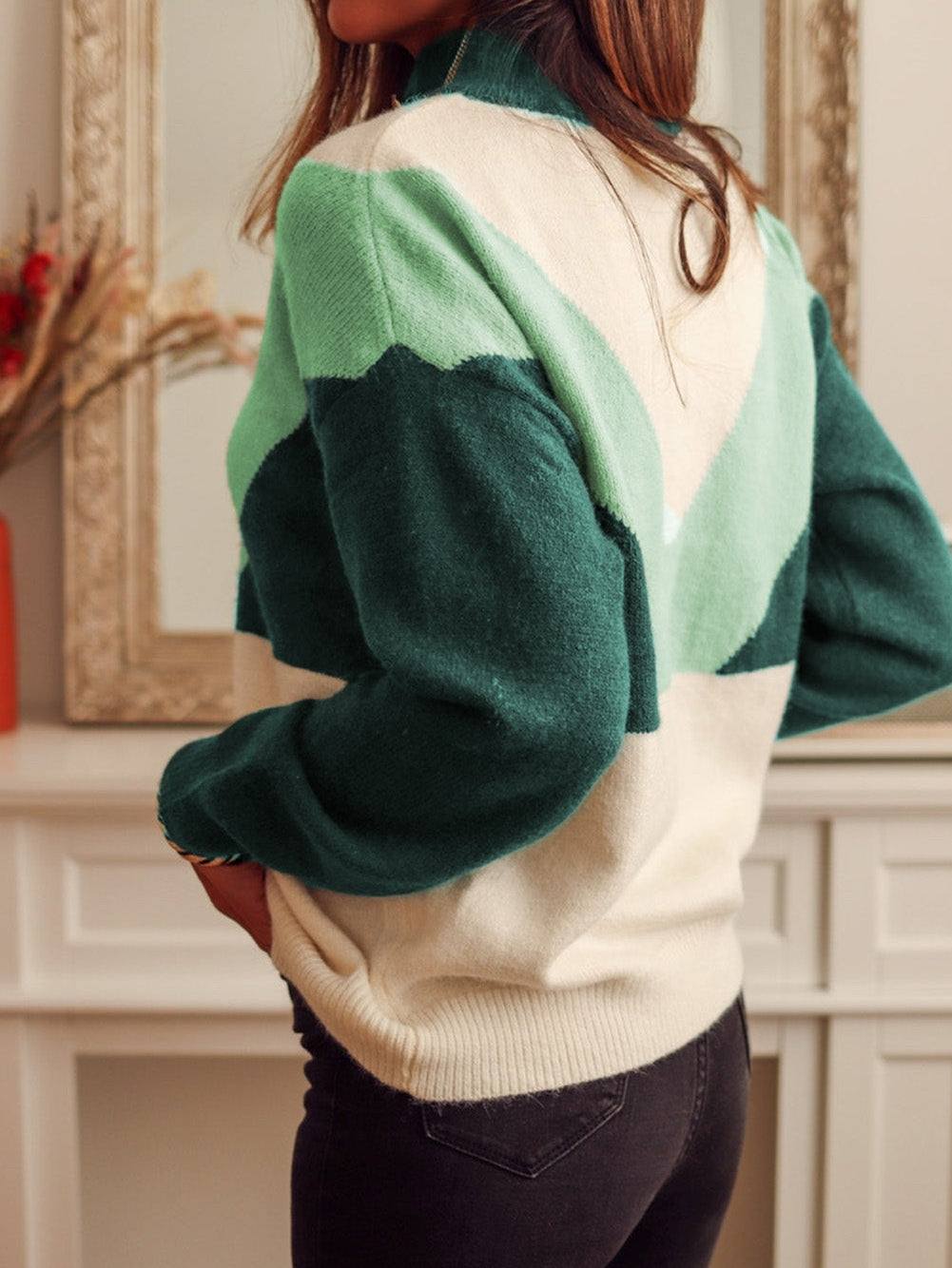 Green Color Block Geometric Knit V Neck Sweater with Button Detail