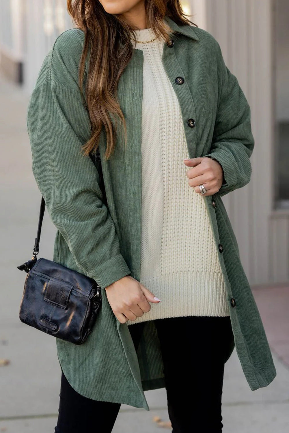Mist Green Corduroy Side Slit Oversize Shacket