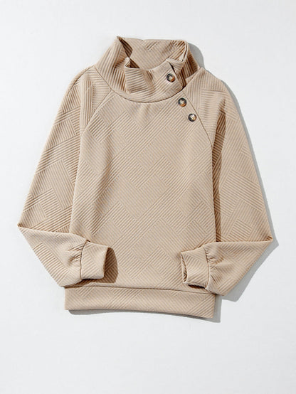 Apricot Textured High Neck Sweatshirt with Unique Asymmetrical Buttons