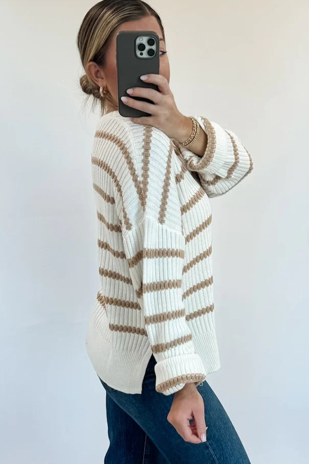 Khaki Stripe Ribbed Knit Drop Shoulder Loose Sweater