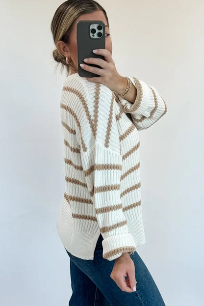 Khaki Stripe Ribbed Knit Drop Shoulder Loose Sweater