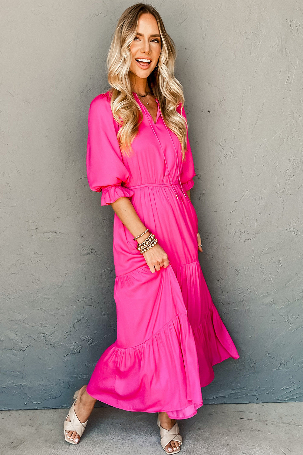 Strawberry Pink Flounce Bracelet Sleeve V Neck Tiered Maxi Dress