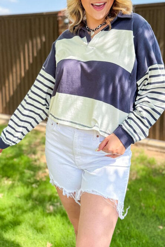 Blue Stripe Colorblock Patchwork Plus Size Chic Polo Shirt