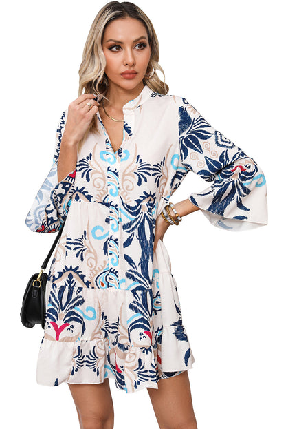 Floral Print Fringed V-neck Mini Dress
