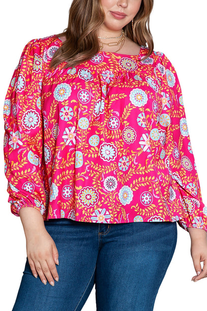 Pink Floral Square Neck Plus Size Blouse