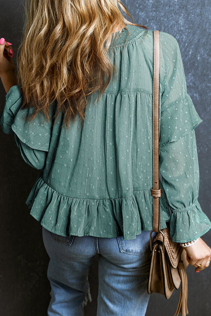 Graceful Mint Green Swiss Dot Lace-Up V Neck Ruffled Blouse