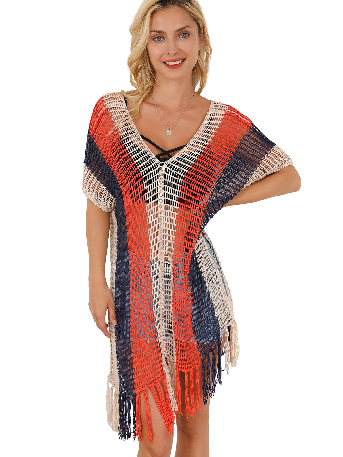 Beach Ready Striped Crochet Tassel Cover Up Dress