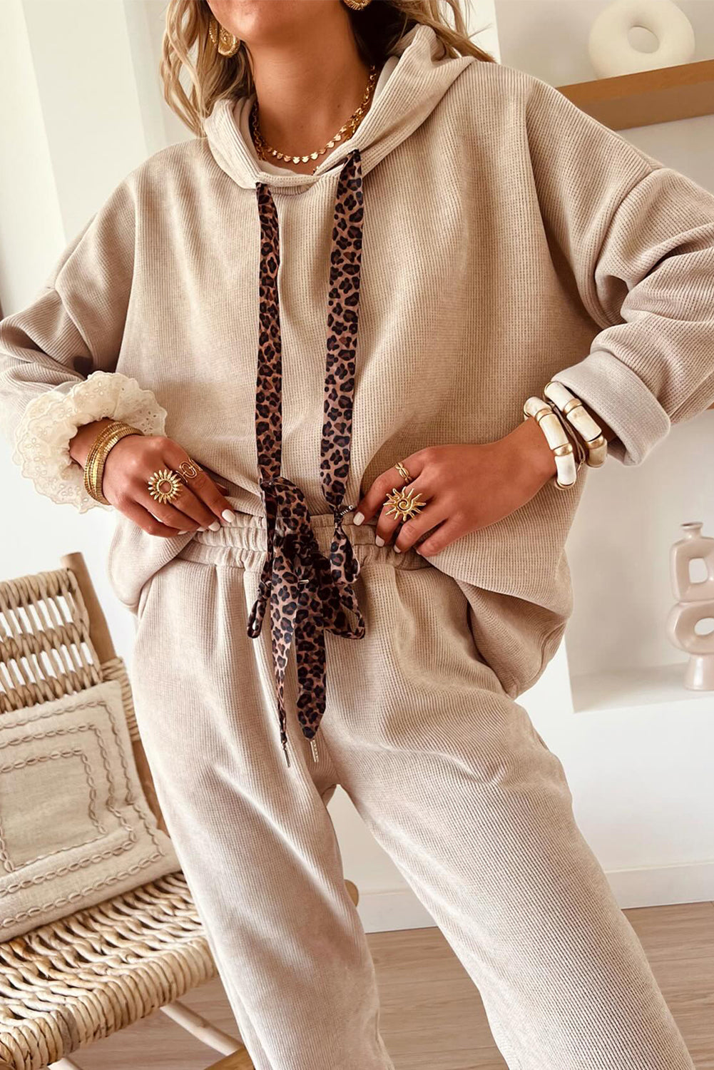 Parchment Lace/Leopard Drawstring Pullover Hoodie and High Waist Pants Corduroy Suit