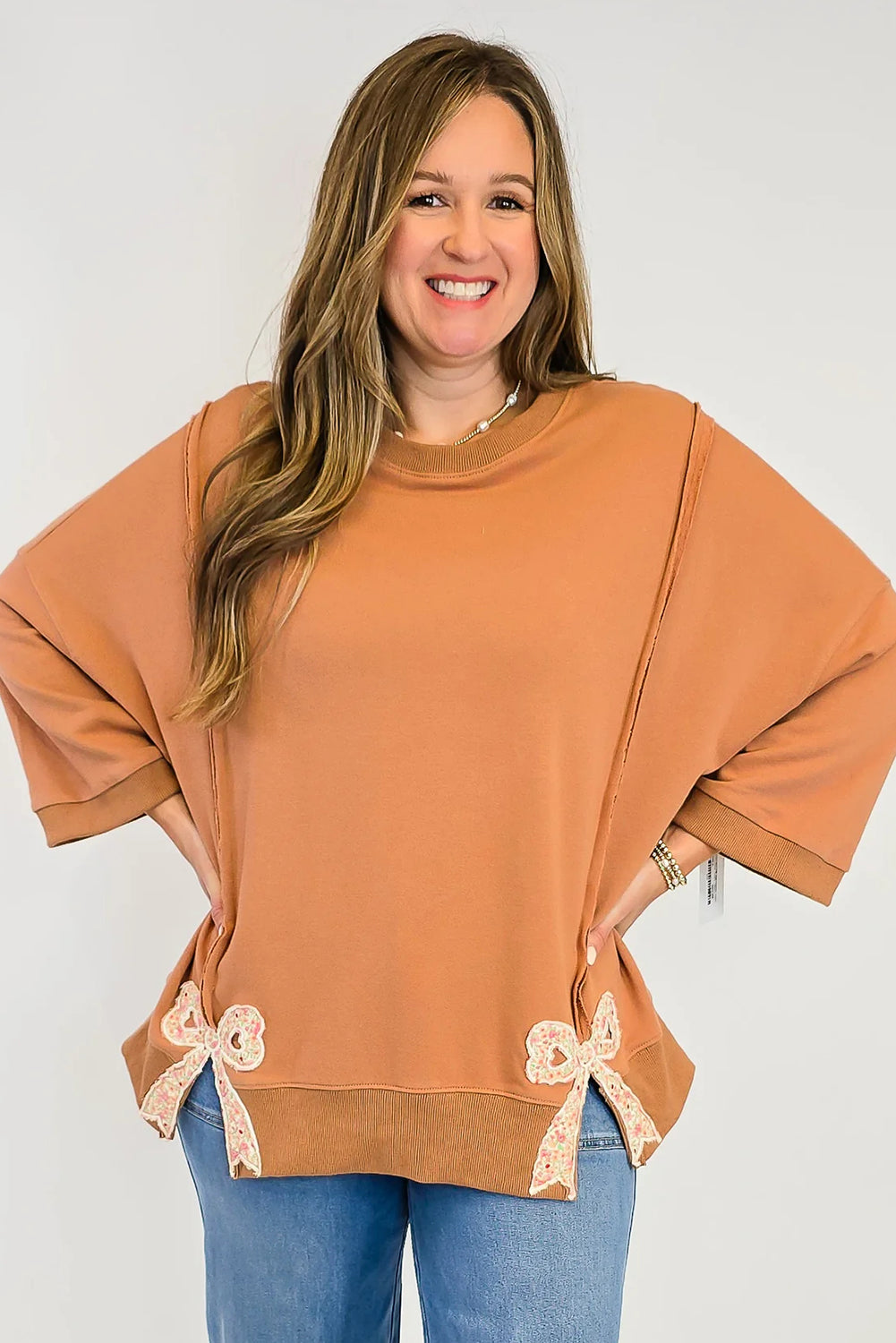 Grapefruit Orange Floral Bow Patched Slit Exposed Seam Patchwork Baggy Sweatshirt