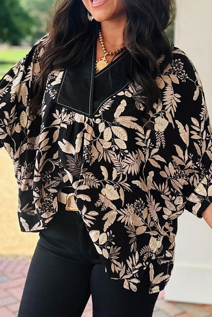 Black Botanical Leafy Print Color Block V Neck Half Sleeve Dolman Blouse