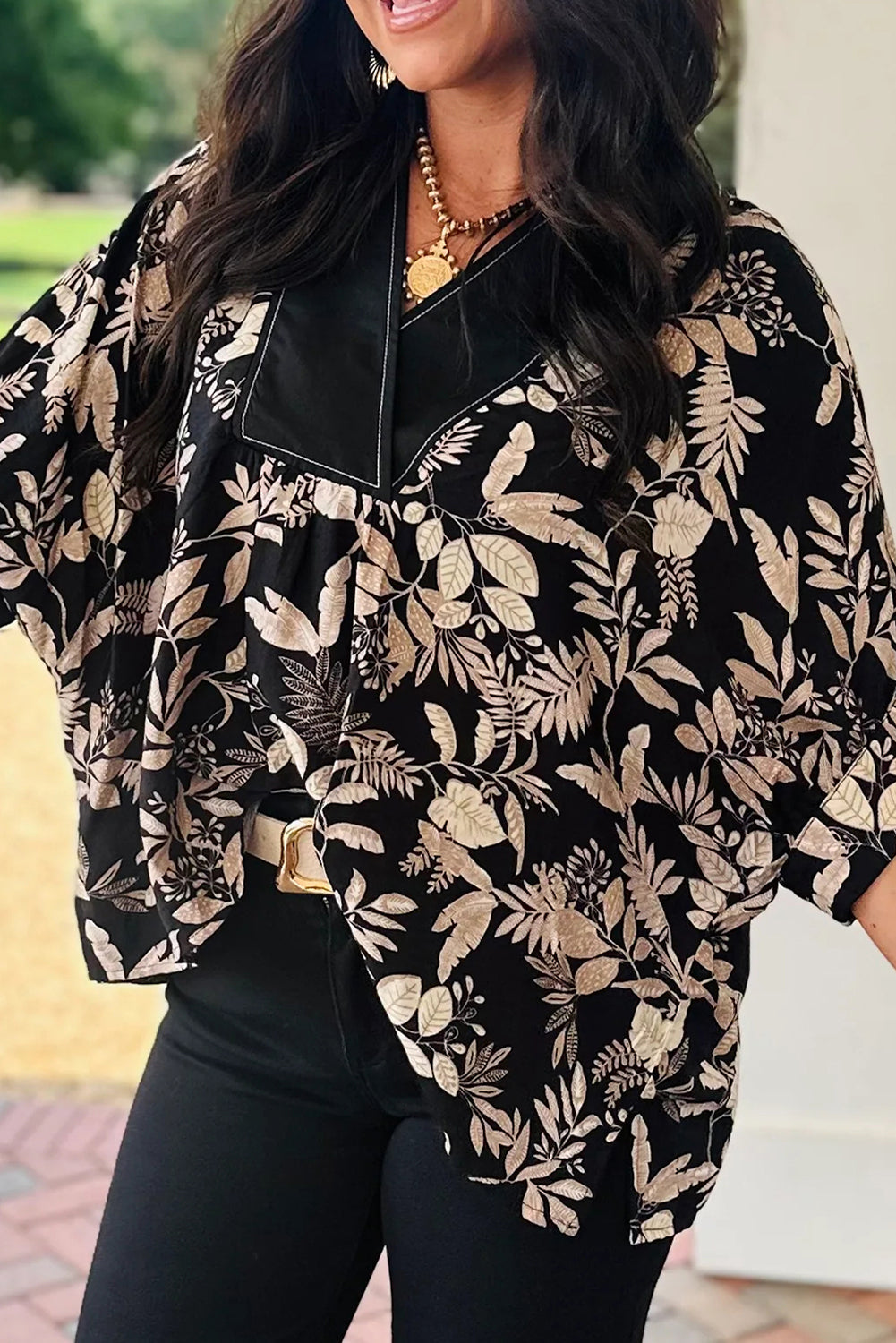 Black Botanical Leafy Print Color Block V Neck Half Sleeve Dolman Blouse