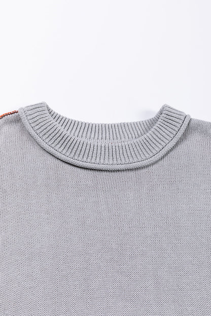 Elegant Grey Patchwork Bishop Sleeve Knit Sweater