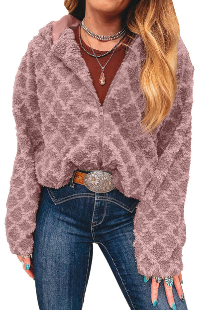 Fushia Sherpa Rhombus Zip Up Side Pocket Hooded Jacket