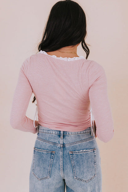 Light Pink Lace Trim Square Neck Ribbon Bow Ruched Cropped Top