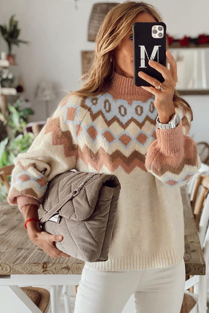 Khaki Ribbed Trim Geometric Pattern High Neck Sweater