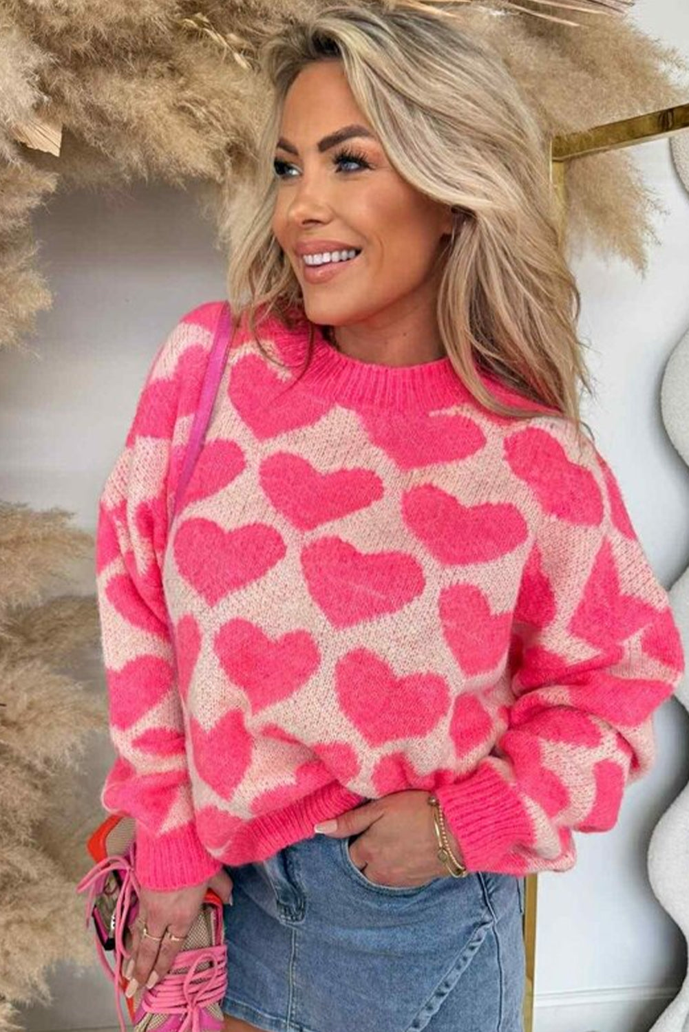 Strawberry Pink Heart Valentine Pattern Mock Neck Baggy Sweater