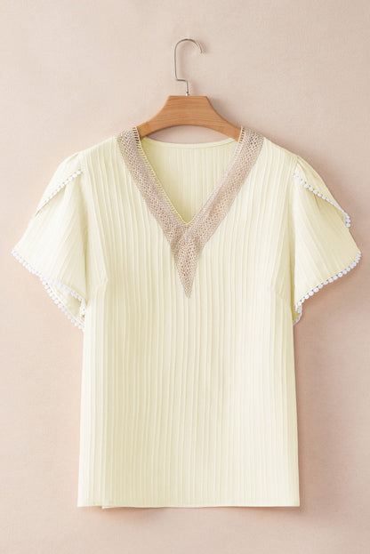 Elegant Beige Lace Detail Petal Sleeve Plus Size Blouse