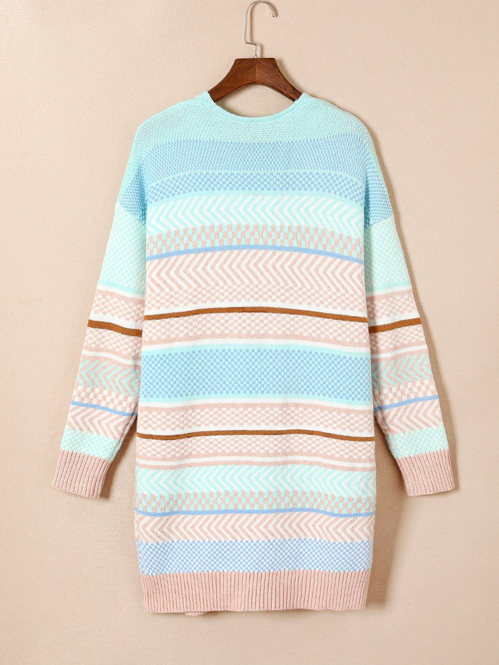 Elegant Multicolored Striped Knit Open-Front Sweater Coat