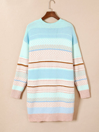 Elegant Multicolored Striped Knit Open-Front Sweater Coat