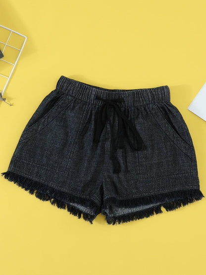 Drawstring High Waist Denim Pockets Shorts