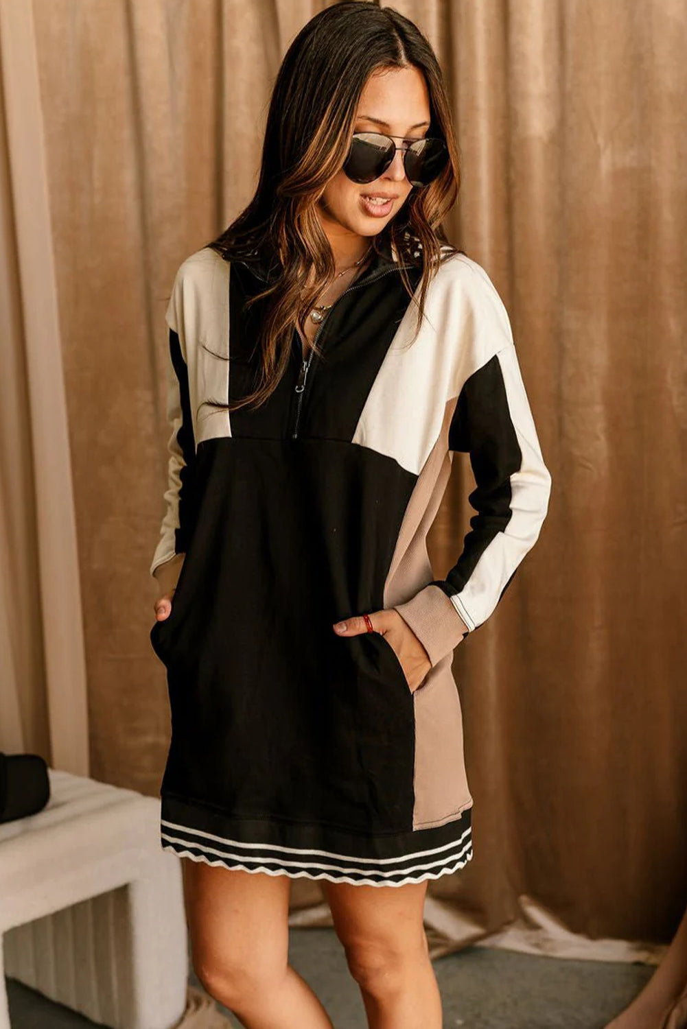 Black Color Block Quarter Zip Long Sleeve T Shirt Mini Dress