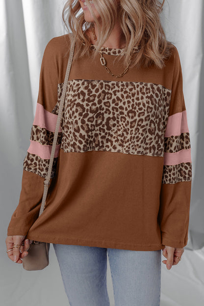 Brown Leopard Colorblock Patchwork Long Sleeve Drop Shoulder Top