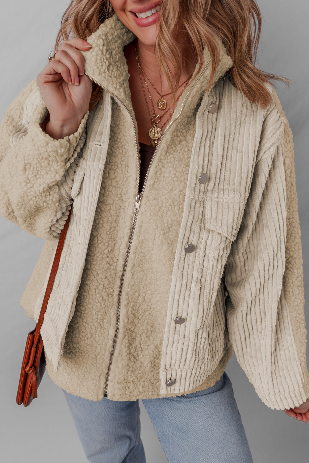 Parchment Zip Up Stand Collar Corduroy Sherpa Patchwork Jacket