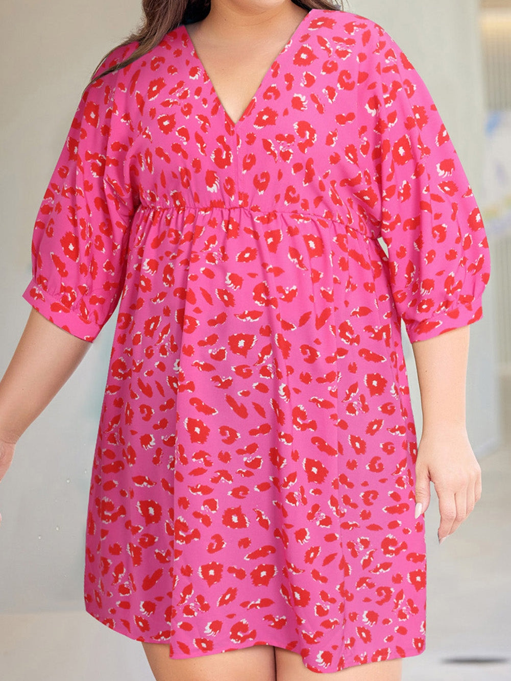 Leopard Print Plus Size Babydoll Dress with V Neck and Bubble Sleeves