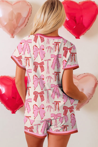 Pink Bow Print Striped Trim Loose Tee Drawstring Shorts 2pcs Set