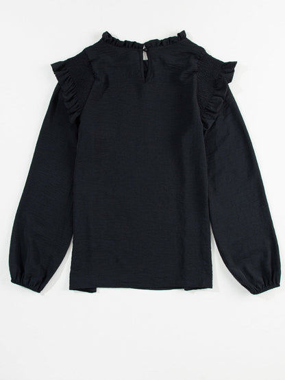 Elegant Black Ruffled Shoulder Bubble Sleeve Blouse