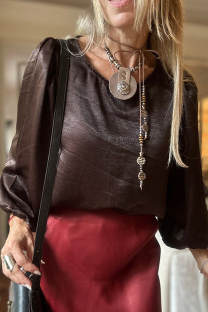 Chicory Coffee Satin Puff Sleeve Elegant Top