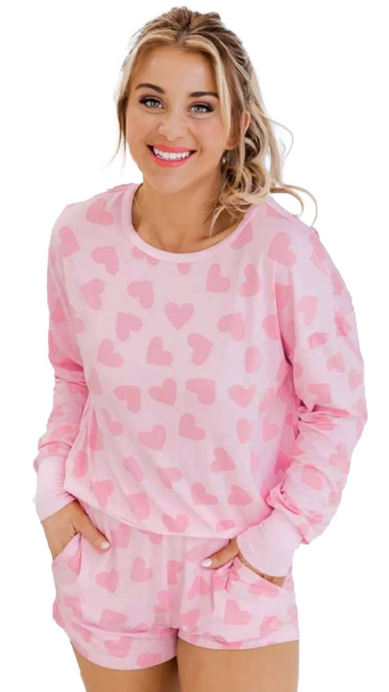 Heartfelt Pink Valentine's Day Lounge Set with Heart Print Top and Shorts