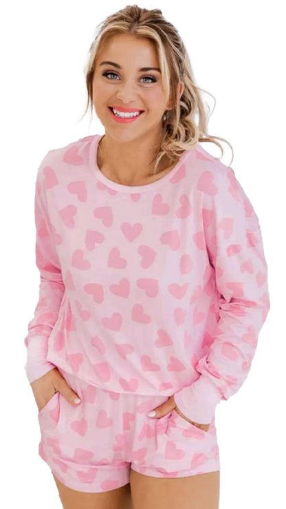 Heartfelt Pink Valentine's Day Lounge Set with Heart Print Top and Shorts