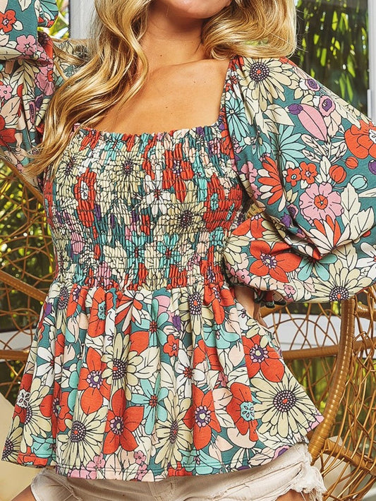 Floral Fantasy Smocked Puff Sleeve Peplum Top
