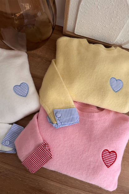 White Plaid Heart Embroidered Cuffed Drop Shoulder Crew Neck Sweater
