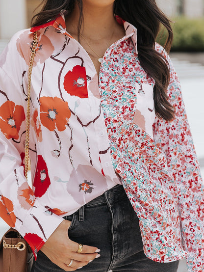 Fiery Red Floral Patchwork Button-Up Blouse with Front Pocket