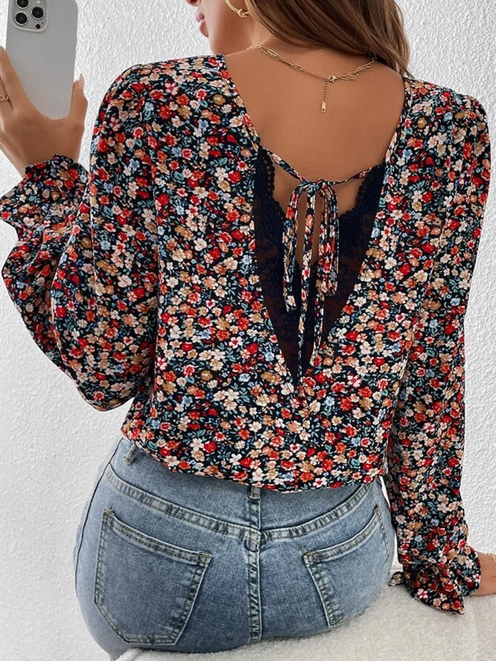 Flame Red Lace Patch V-Neck Tie-Up Puff Sleeve Floral Top